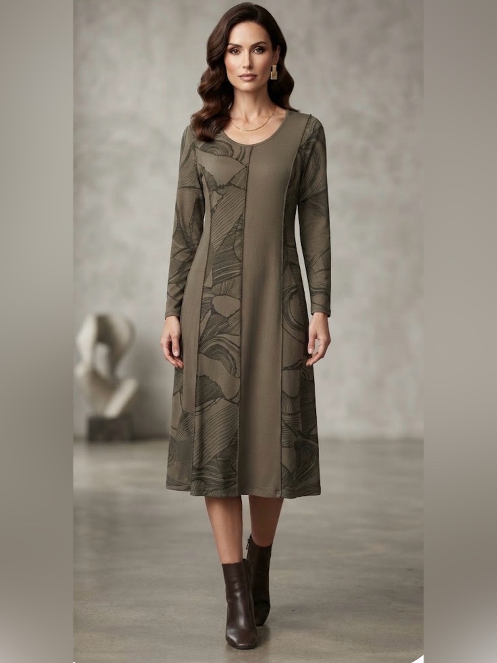 Grey Patterned Panel Maxi Dress with Long Sleeves